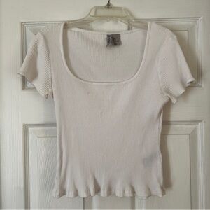 H&M Divided White Ribbed Women's Top Short Sleeve